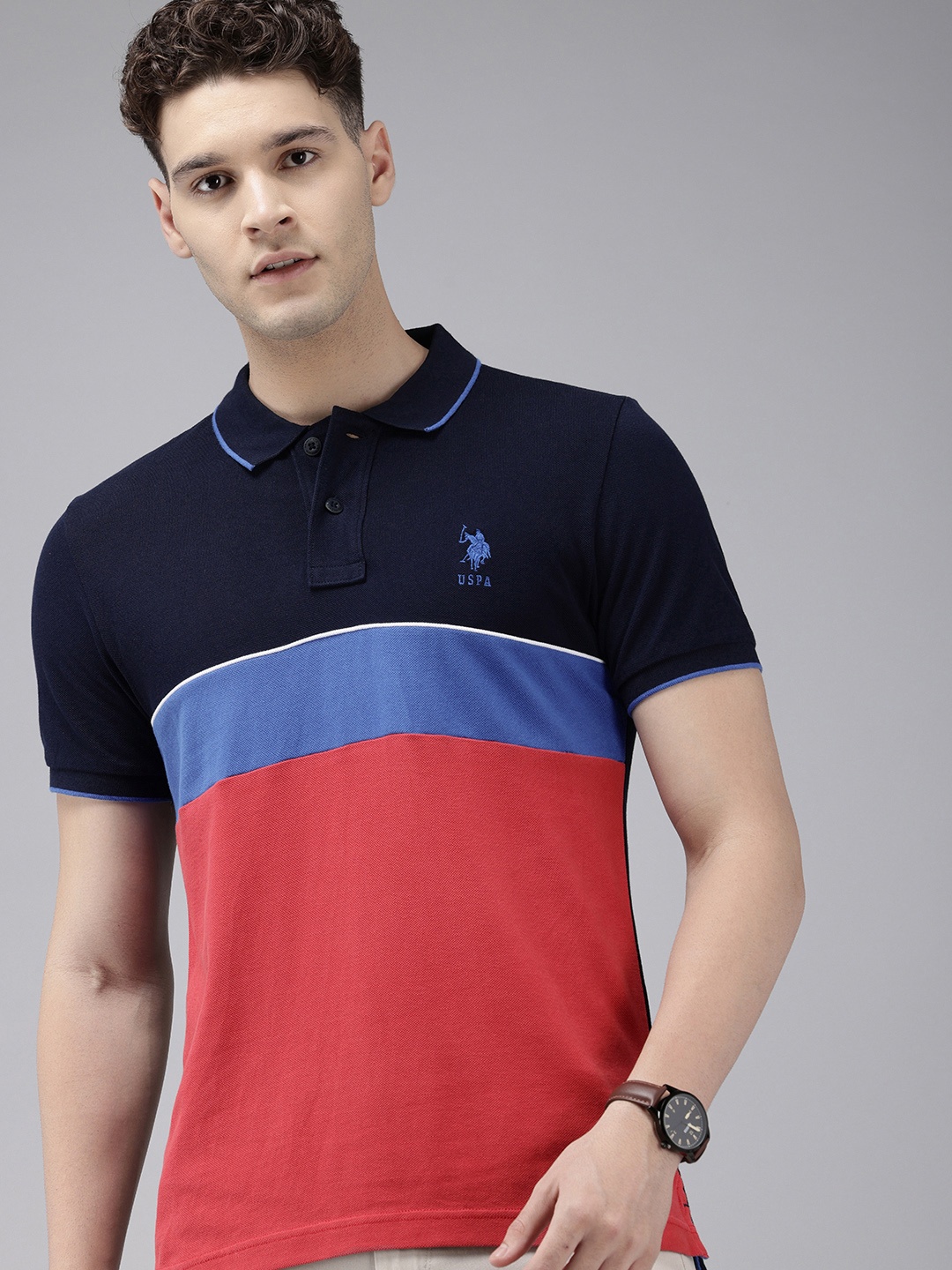 

U.S. Polo Assn. Colourblocked Polo Collar Pure Cotton Slim Fit T-shirt, Navy blue