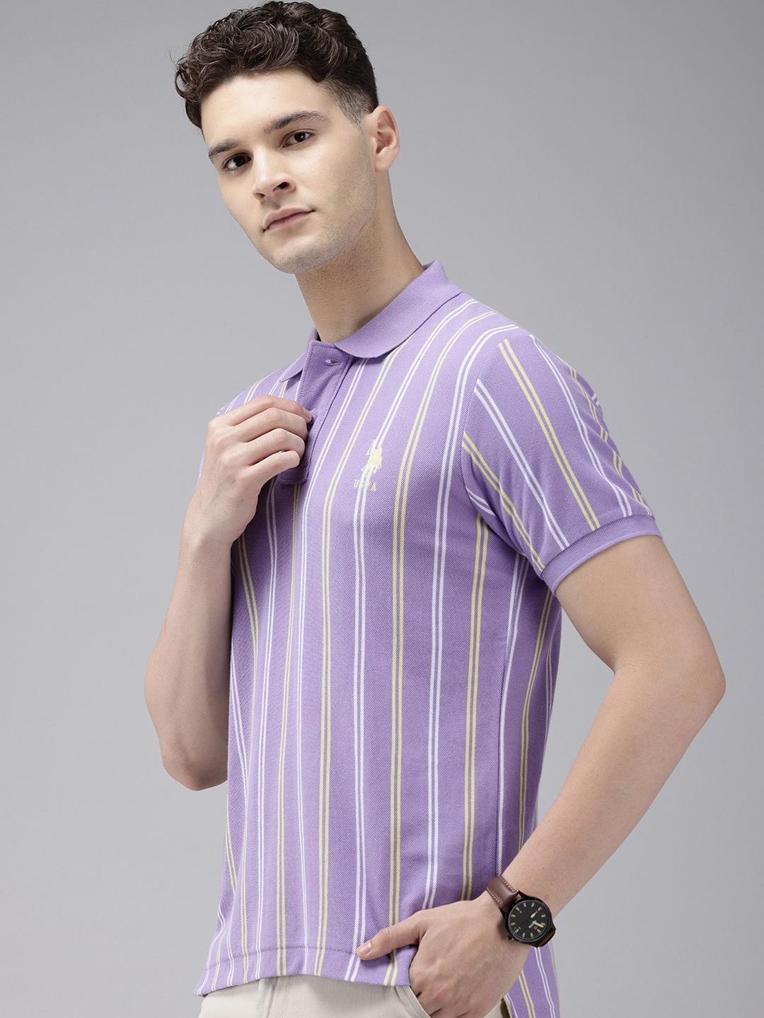 

U.S. Polo Assn. Striped Polo Collar Pure Cotton Slim Fit T-shirt, Lavender