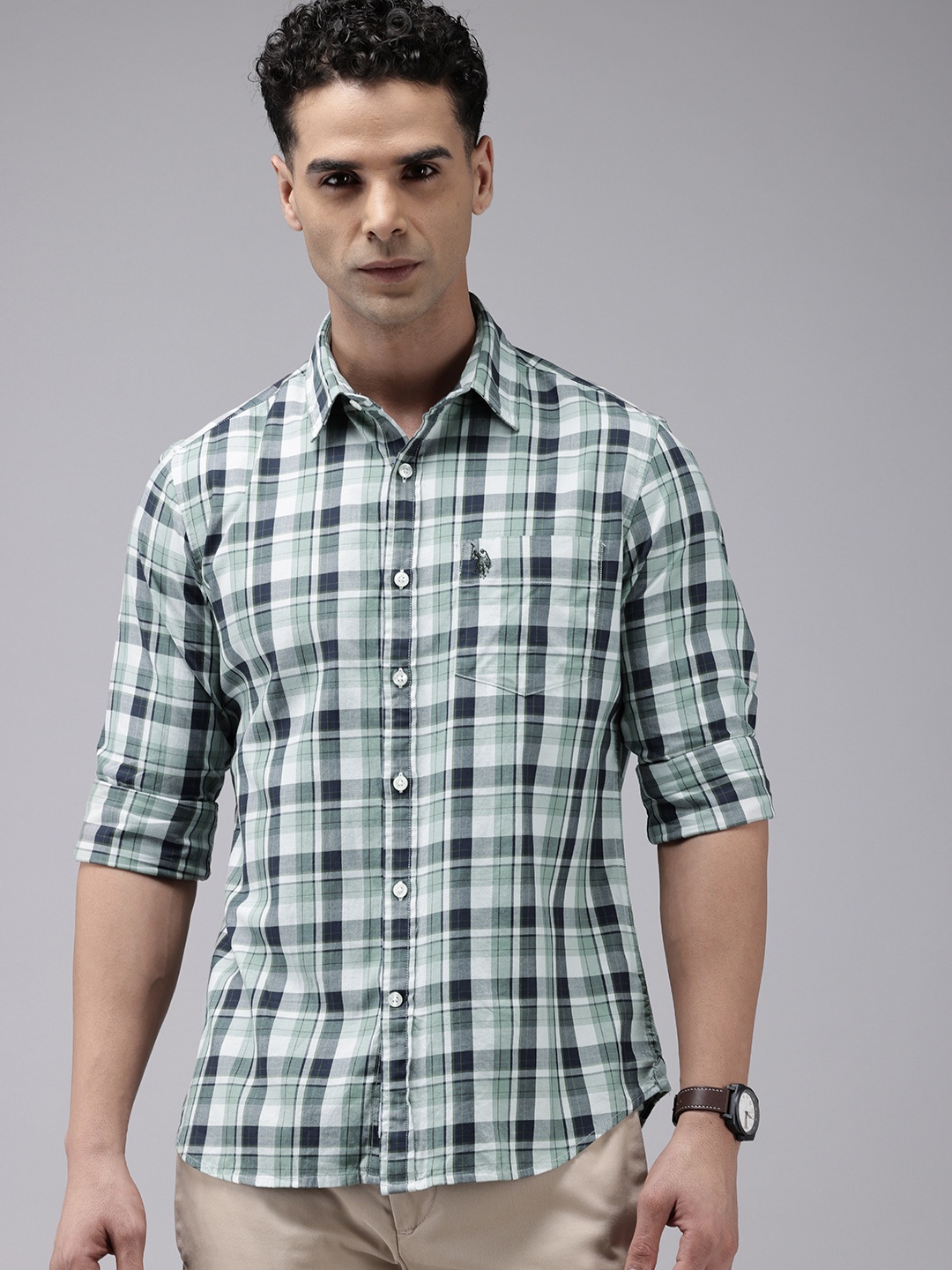 

U.S. Polo Assn. Tailored Fit Opaque Checked Pure Cotton Casual Shirt, Green