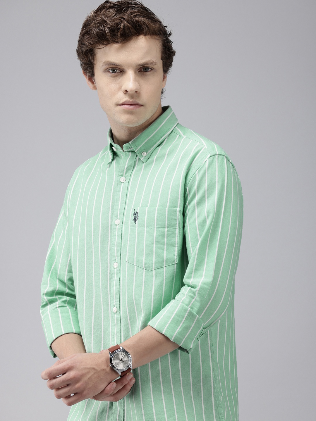 

U.S. Polo Assn. Tailored Fit Vertical Stripes Button-Down Collar Pure Cotton Casual Shirt, Green