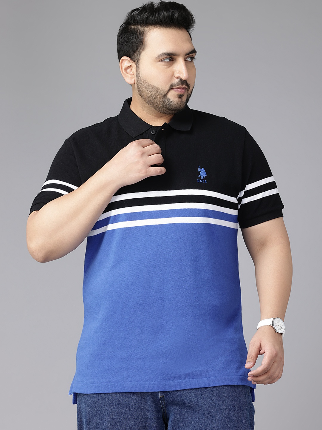 

U.S. Polo Assn. Plus Size Striped Polo Collar Pure Cotton T-shirt, Black
