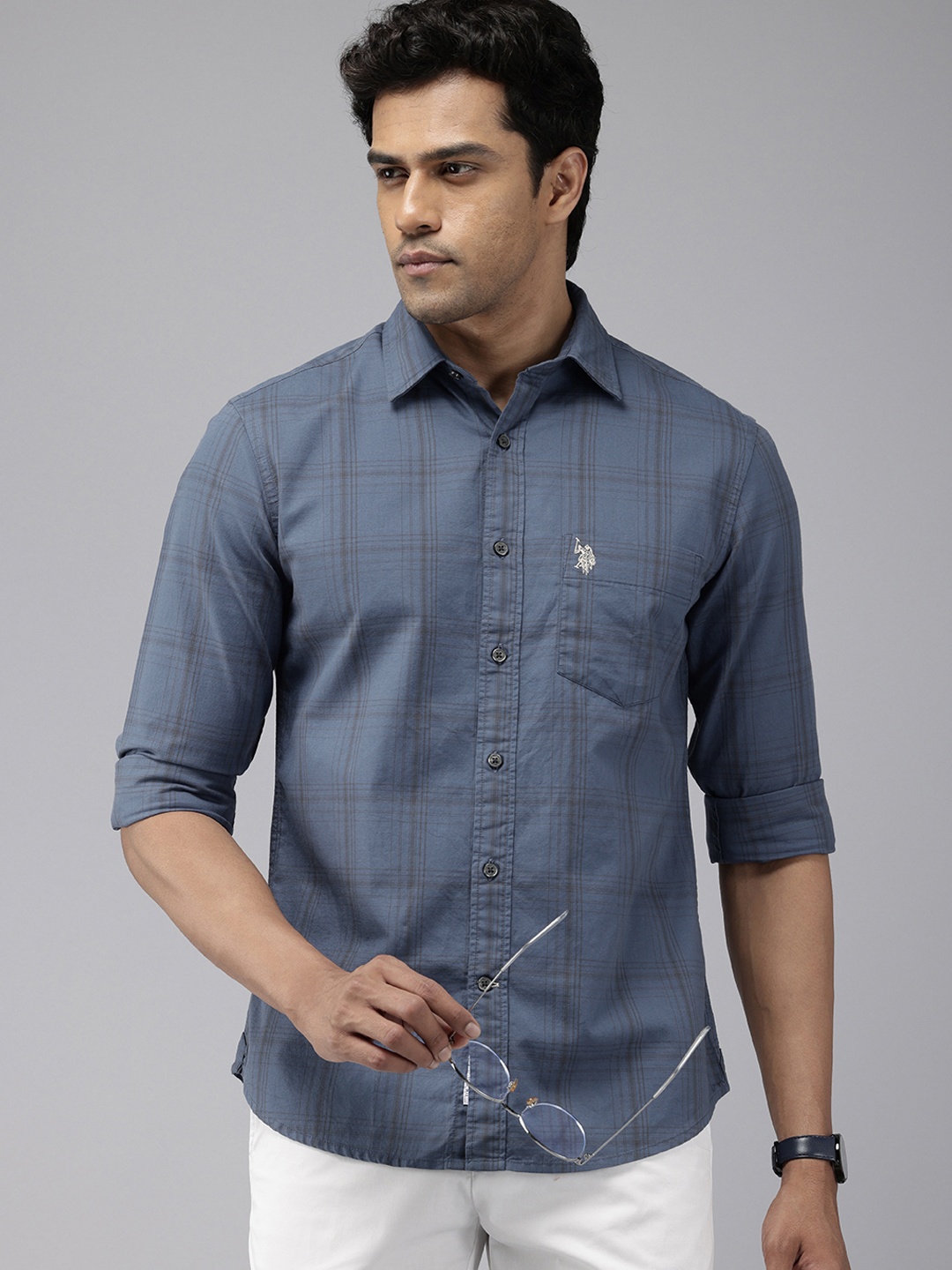 

U.S. Polo Assn. Pure Cotton Tailored Fit Opaque Checked Casual Shirt, Blue