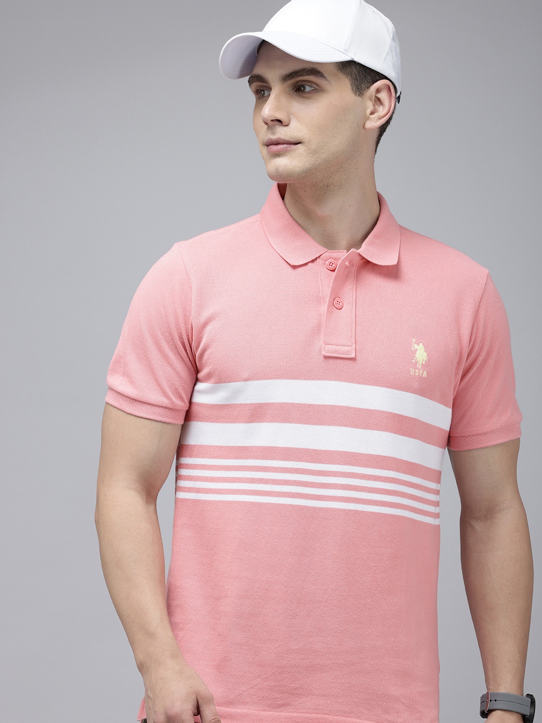 

U.S. Polo Assn. Striped Polo Collar Pure Cotton Slim Fit T-shirt, Pink