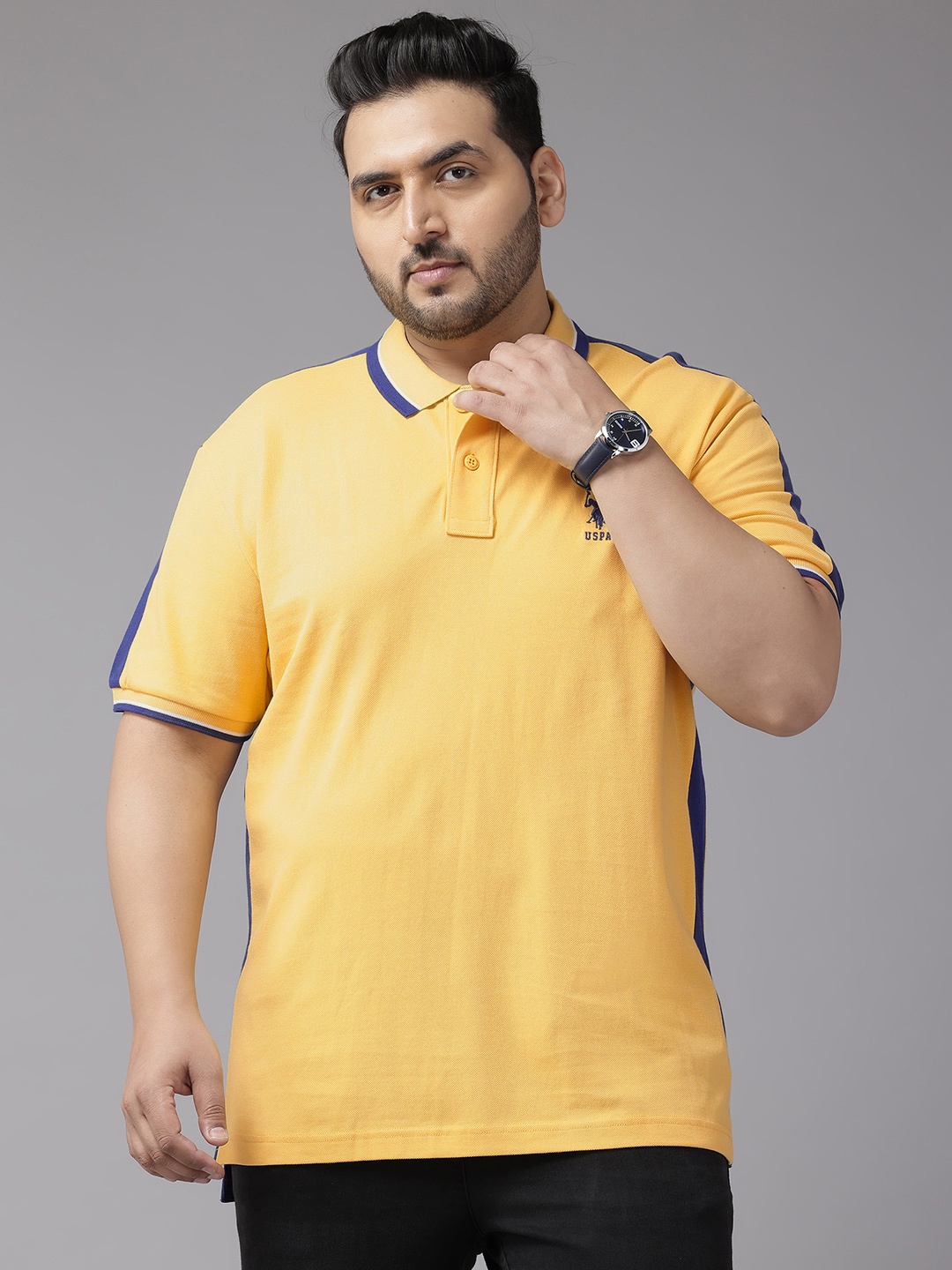 

U.S. Polo Assn. Plus-Size Striped Polo Collar Pure Cotton Slim Fit T-shirt, Yellow