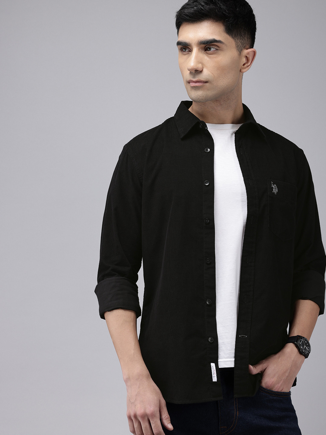 

U.S. Polo Assn. Tailored Fit Cutaway Collar Pure Cotton Corduroy Shirt, Black