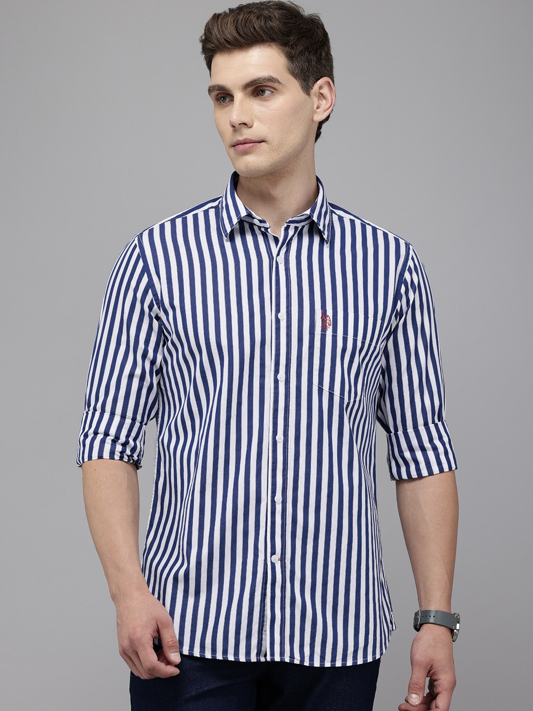 

U.S. Polo Assn. Pure Cotton Tailored Fit Striped Casual Shirt, Blue