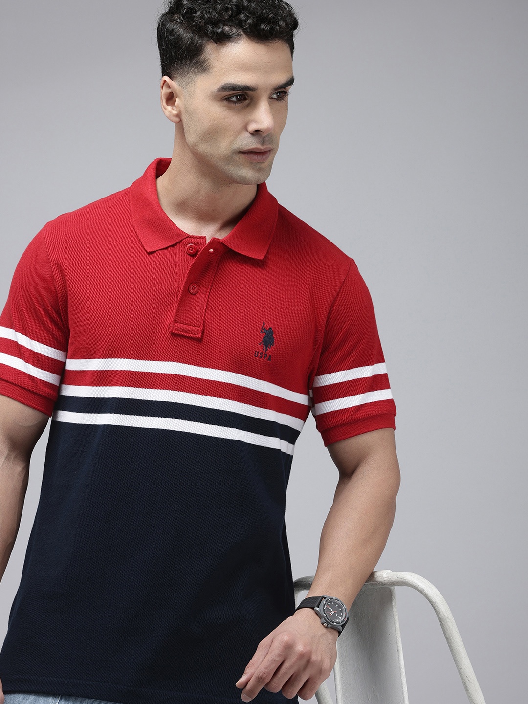 

U.S. Polo Assn. Colourblocked Polo Collar Pure Cotton Slim Fit T-shirt, Red