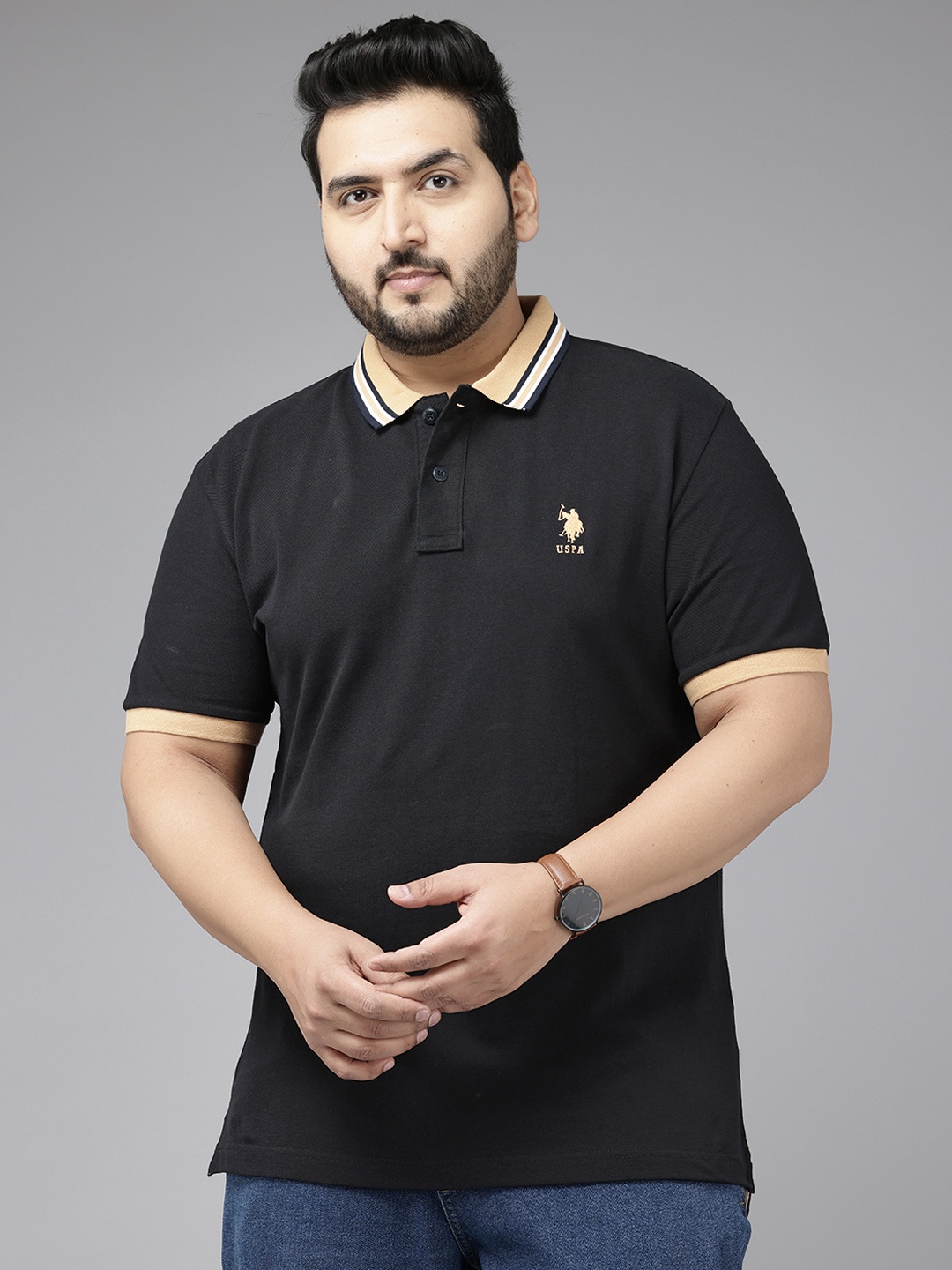 

U.S. Polo Assn. Plus Size Polo Collar Slim Fit Pure Cotton T-shirt, Black
