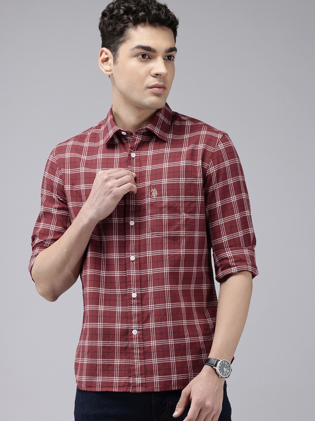 

U.S. Polo Assn. Pure Cotton Tailored Fit Tartan Checked Casual Shirt, Maroon