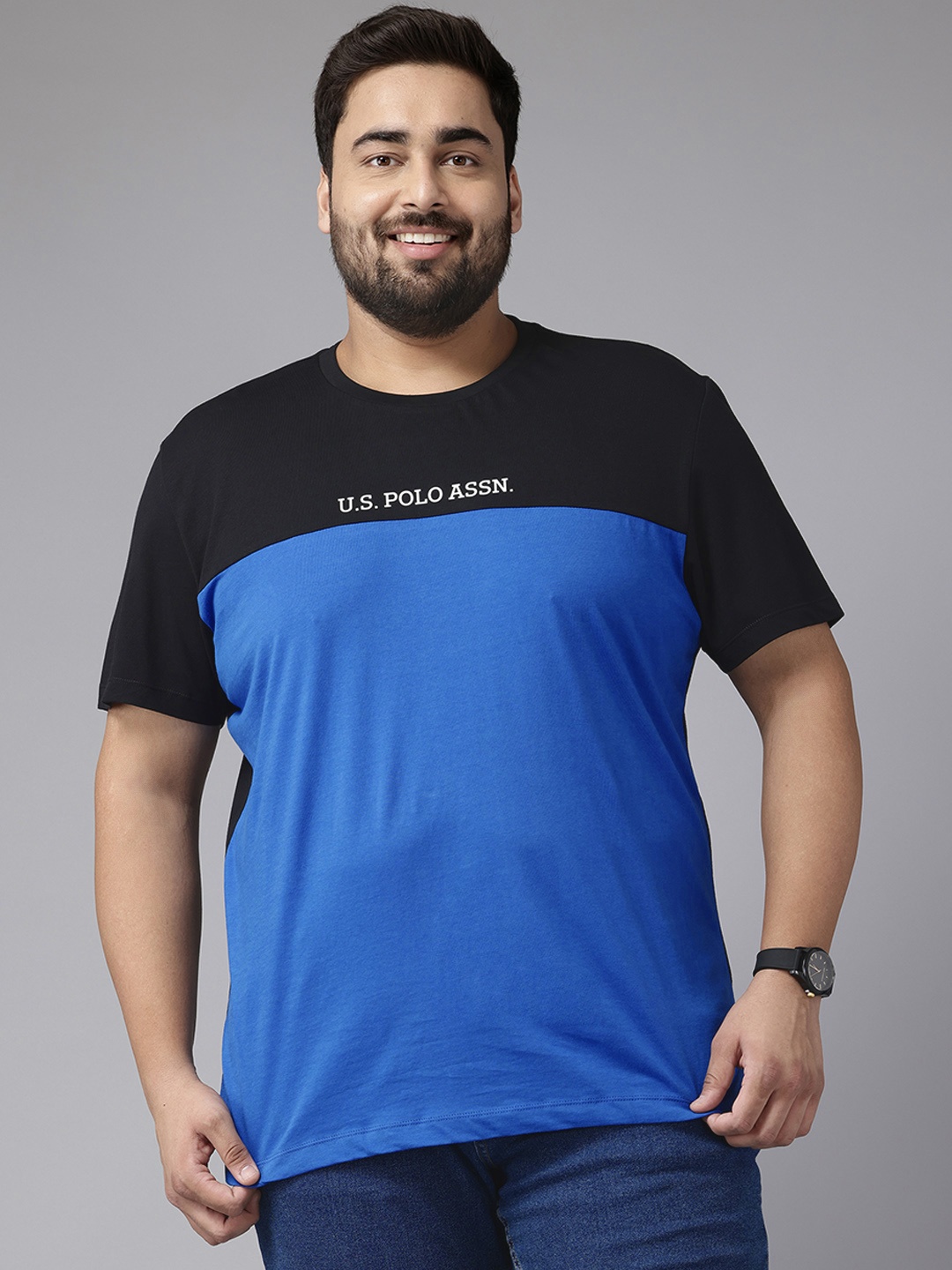 

U.S. Polo Assn. Plus Size Colourblocked Pure Cotton T-shirt, Blue