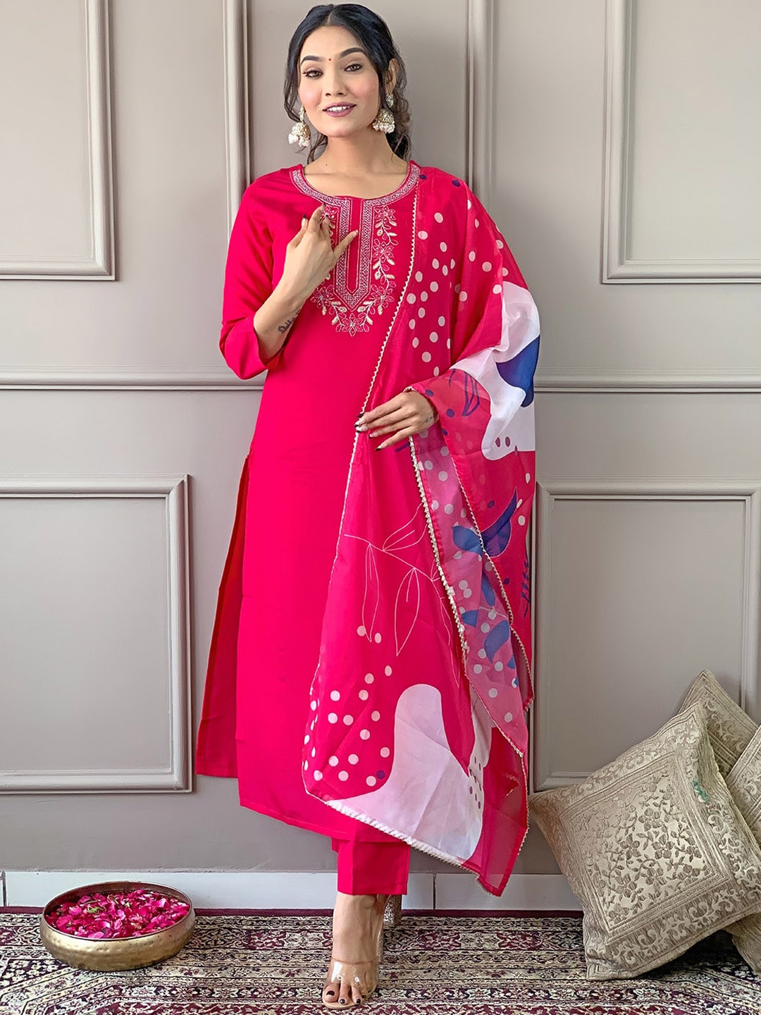 

KALINI Floral Embroidered Round Neck Thread Work Straight Kurta with Trousers & Dupatta, Pink