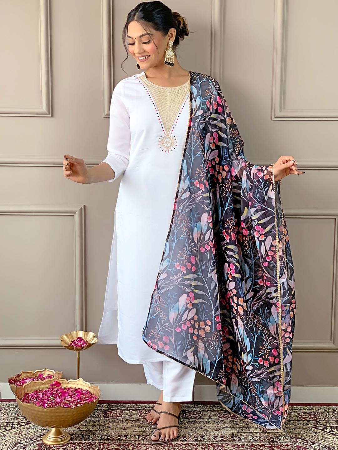 

KALINI Floral Embroidered Regular Straight Kurta With Trousers & With Dupatta, White