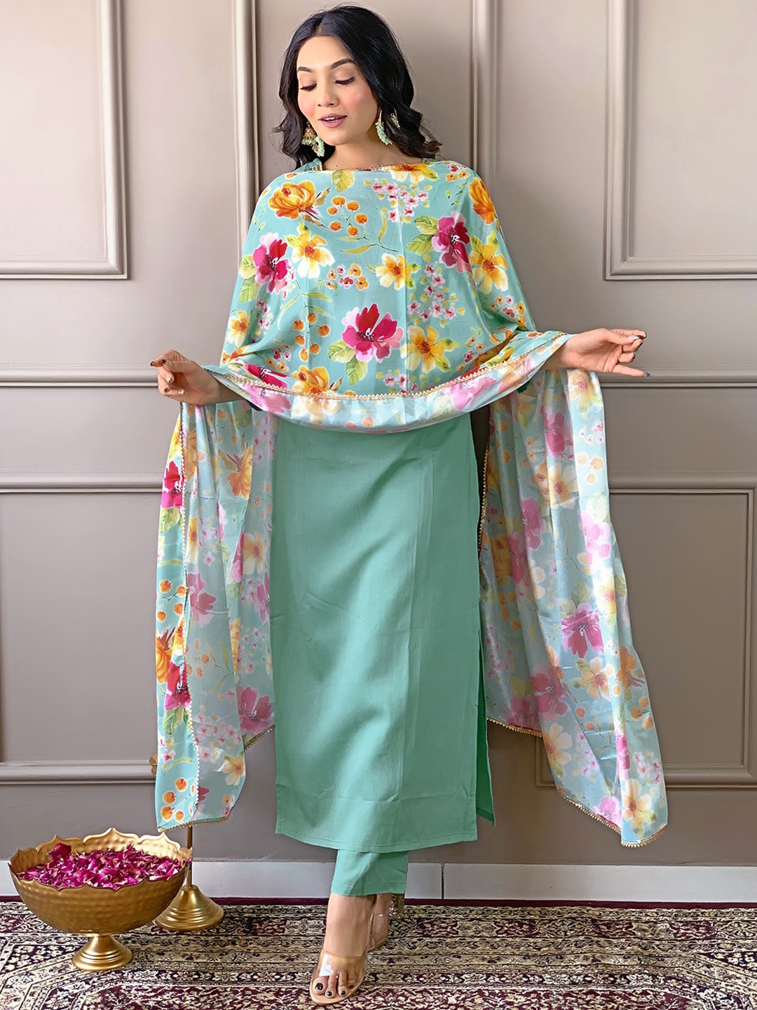 

KALINI Floral Yoke Design Round Neck Sequinned Straight Kurta with Trousers & With Dupatta, Turquoise blue