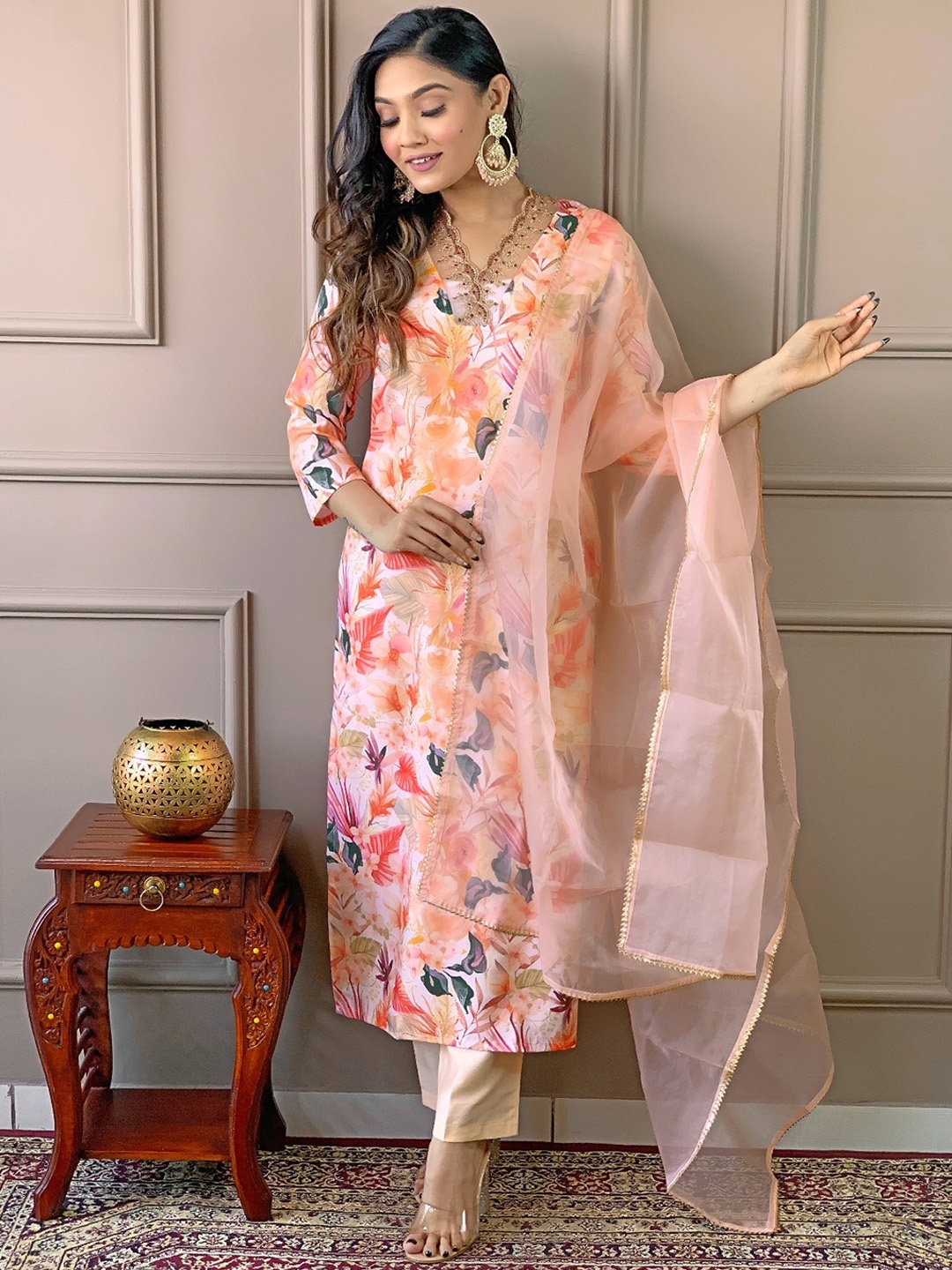 

KALINI Floral Printed Straight Kurta With Trousers & Dupatta, Peach