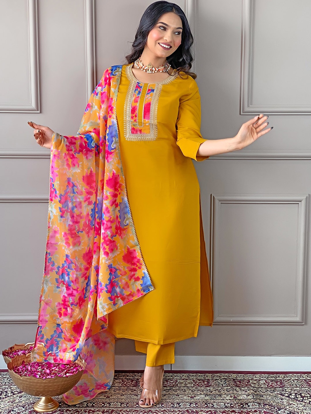 

KALINI Ethnic Motifs Yoke Design Thread Work Straight Kurta with Trousers & With Dupatta, Yellow