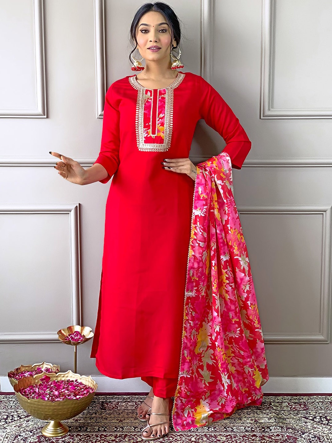 

KALINI Ethnic Motifs Yoke Design Thread Work Straight Kurta with Trousers & Dupatta, Red