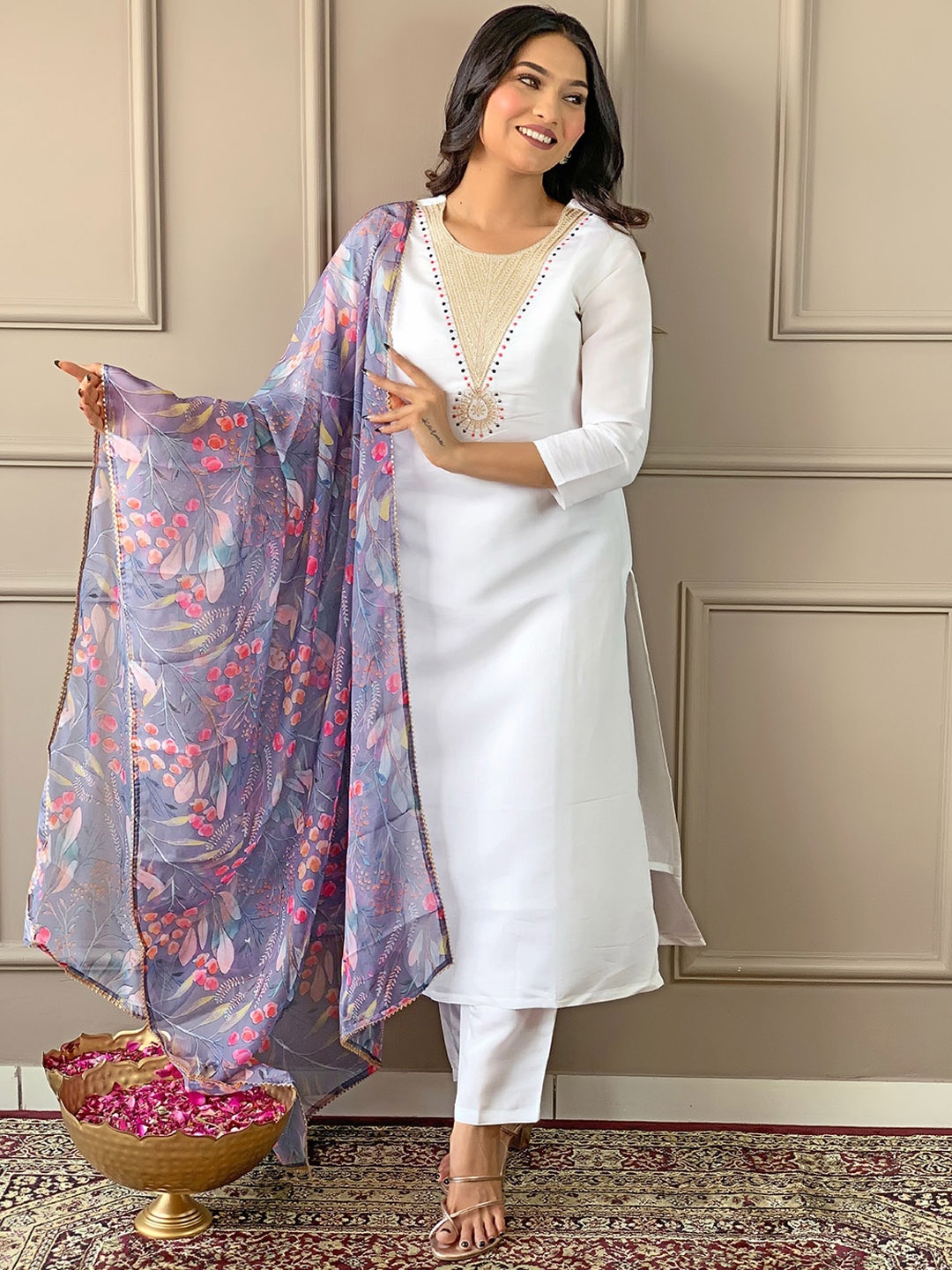 

KALINI Floral Yoke Design Thread Work Straight Kurta With Trousers & Dupatta, White