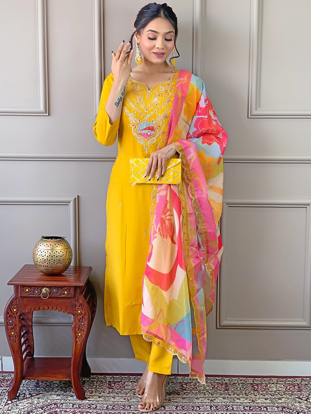 KALINI Floral Embroidered Regular Straight Kurta With Trousers