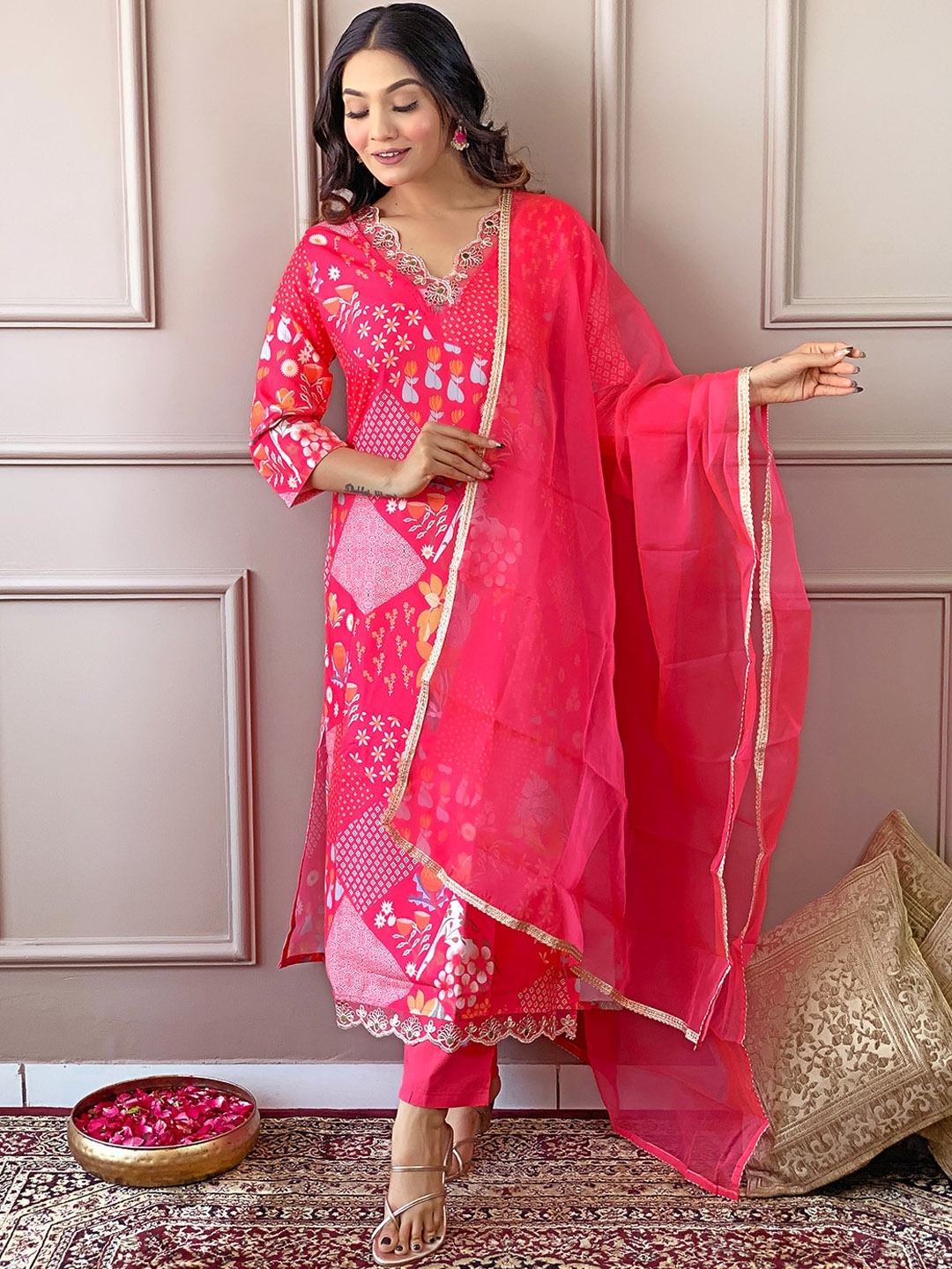 

KALINI Floral Printed Thread Work Straight Kurta With Trousers & Dupatta, Pink