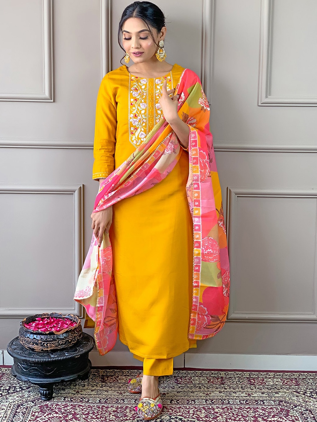 

KALINI Floral Embroidered Straight Kurta With Trousers & Dupatta, Yellow