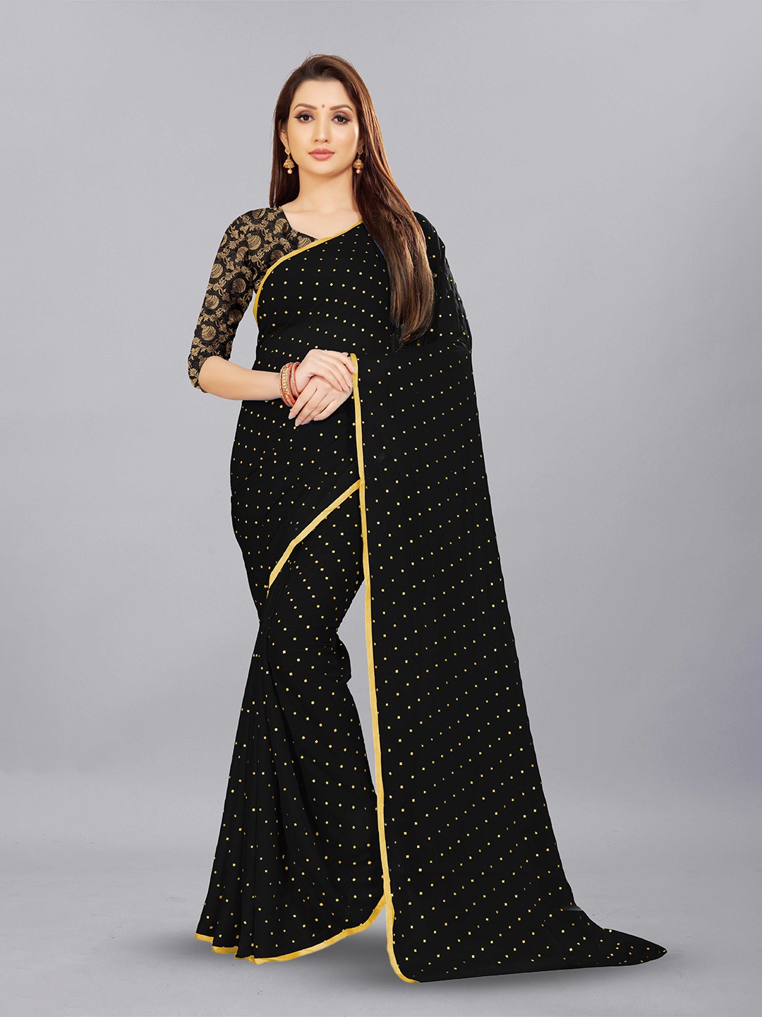 

Aardiva Embellished Zari Pure Chiffon Saree, Black