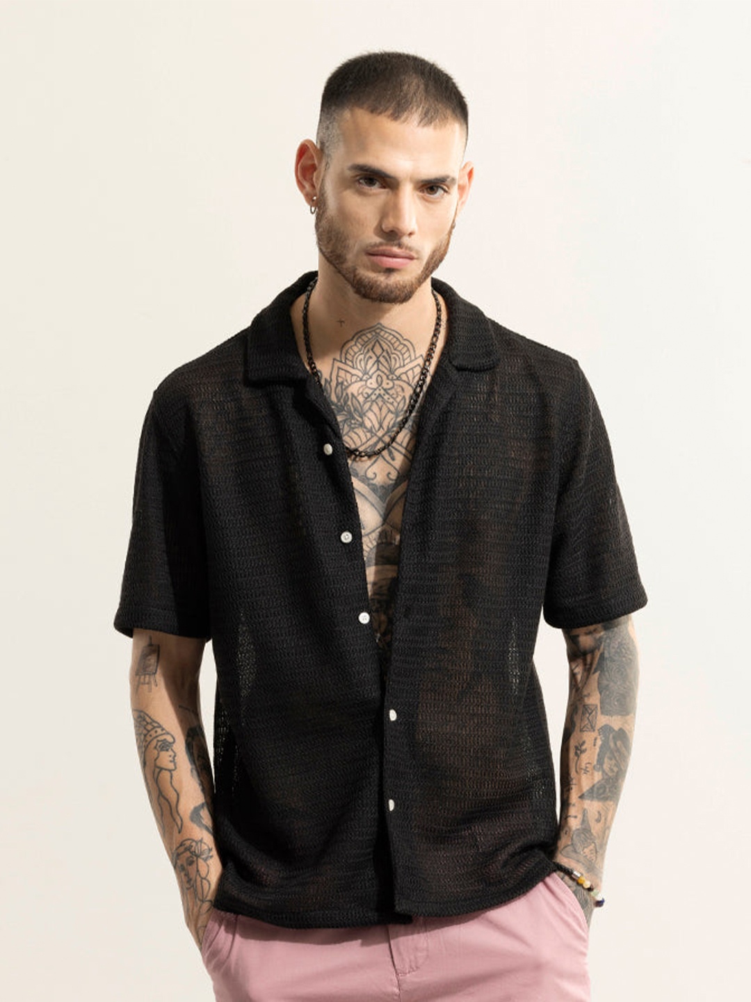 

Snitch Cuban Collar Short Sleeves Classic Oversized Casual Shirt, Black