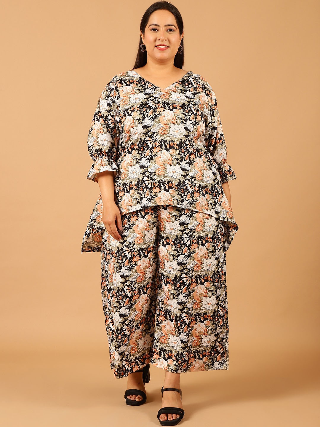 Moms Maternity Plus Size Floral Printed Top With Palazzo, Black