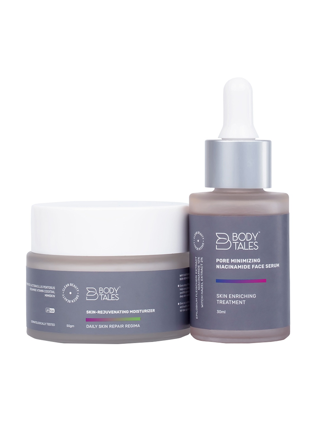 

BODYTALES Set of Pore Minimizing Face Serum 30 ml & Skin-Rejuvenating Moisturizer 50 g, Grey