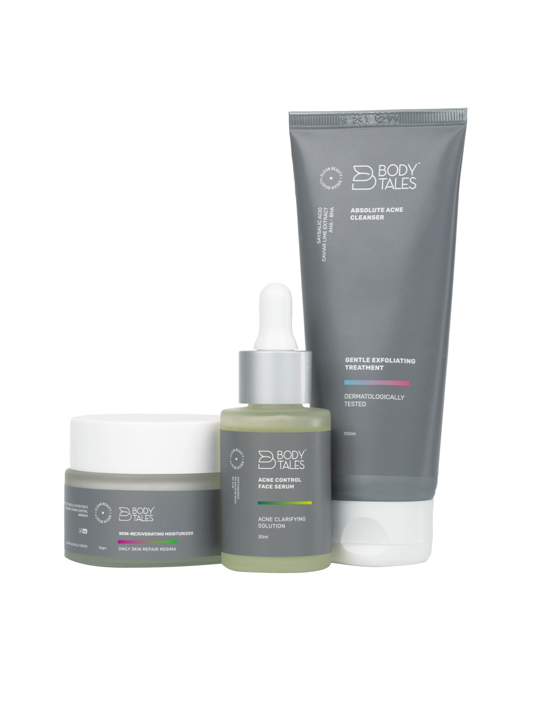 

BODYTALES Set of Acne Control Serum-30ml + Acne Cleanser-100ml + Skin Moisturizer-50g, Grey