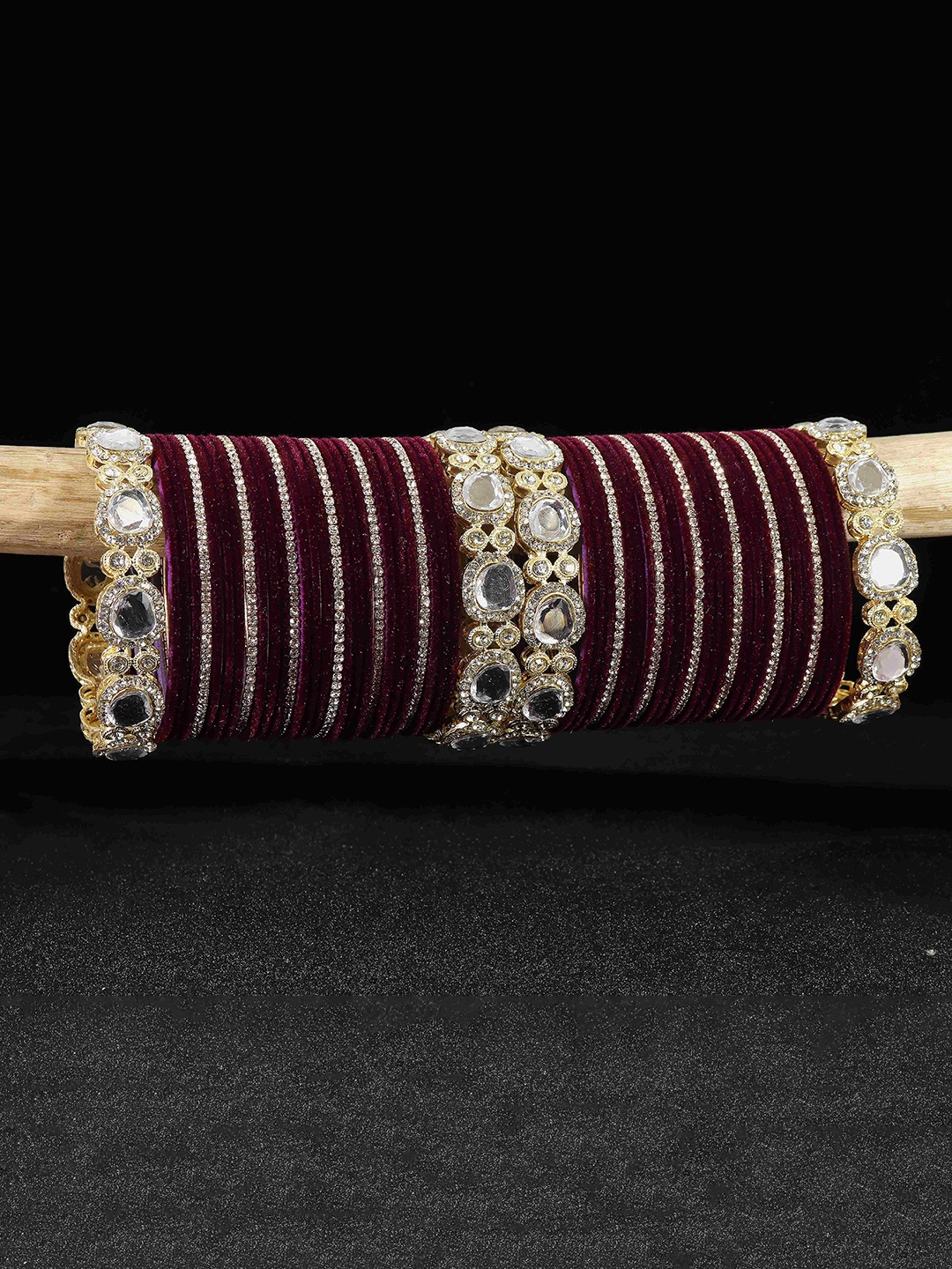 

LAVAZZA Set of 58 Gold-plated Zircon & Kundan-Studded Metal Velvet Bangles Chuda Set, Purple