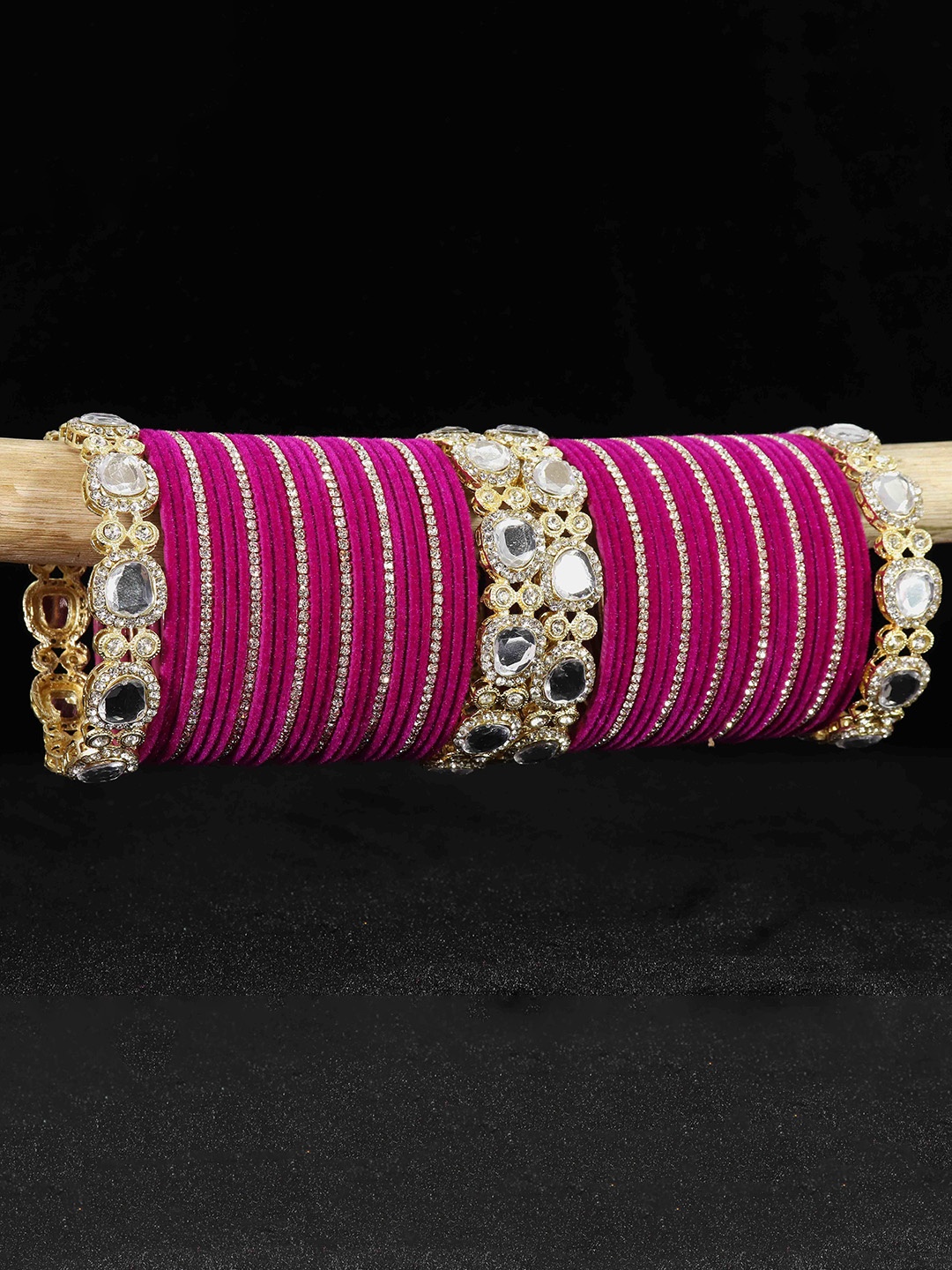 

LAVAZZA Set of 58 Gold-plated Zircon & Kundan-Studded Metal Velvet Bangles Chuda Set