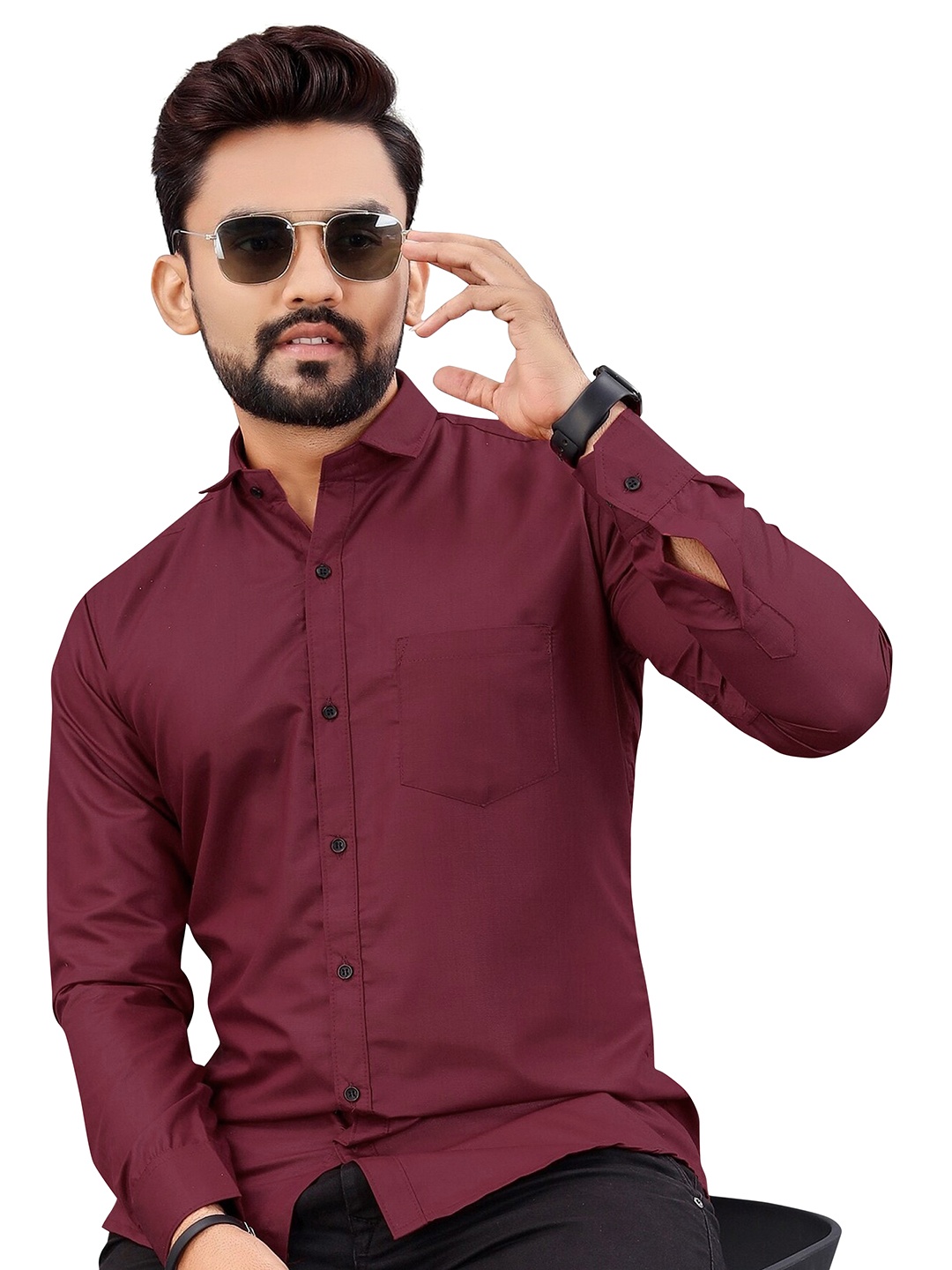 

KHUSHI CREATION Classic Self Design Spread Collar Casual Shirt, Maroon