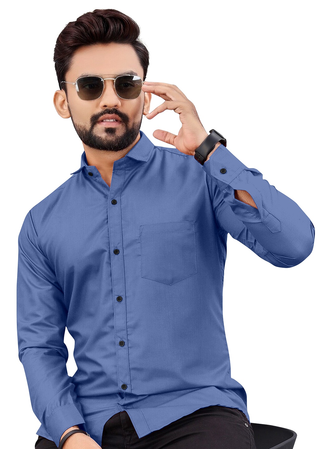 

KHUSHI CREATION Classic Self Design Spread Collar Casual Shirt, Blue