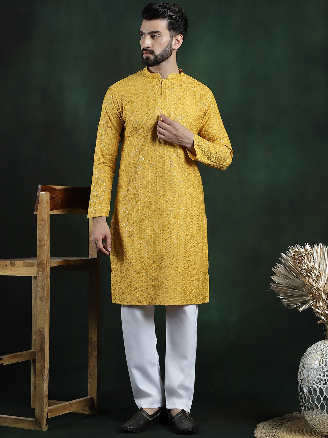 

SOJANYA LUXE Floral Embroidered Regular Thread Work Kurta with Pyjama, Mustard
