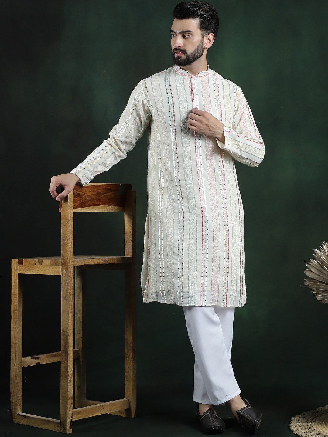 

SOJANYA LUXE Embroidered Regular Long Sleeves Mandarin Collar Kurta with Pyjamas, Off white