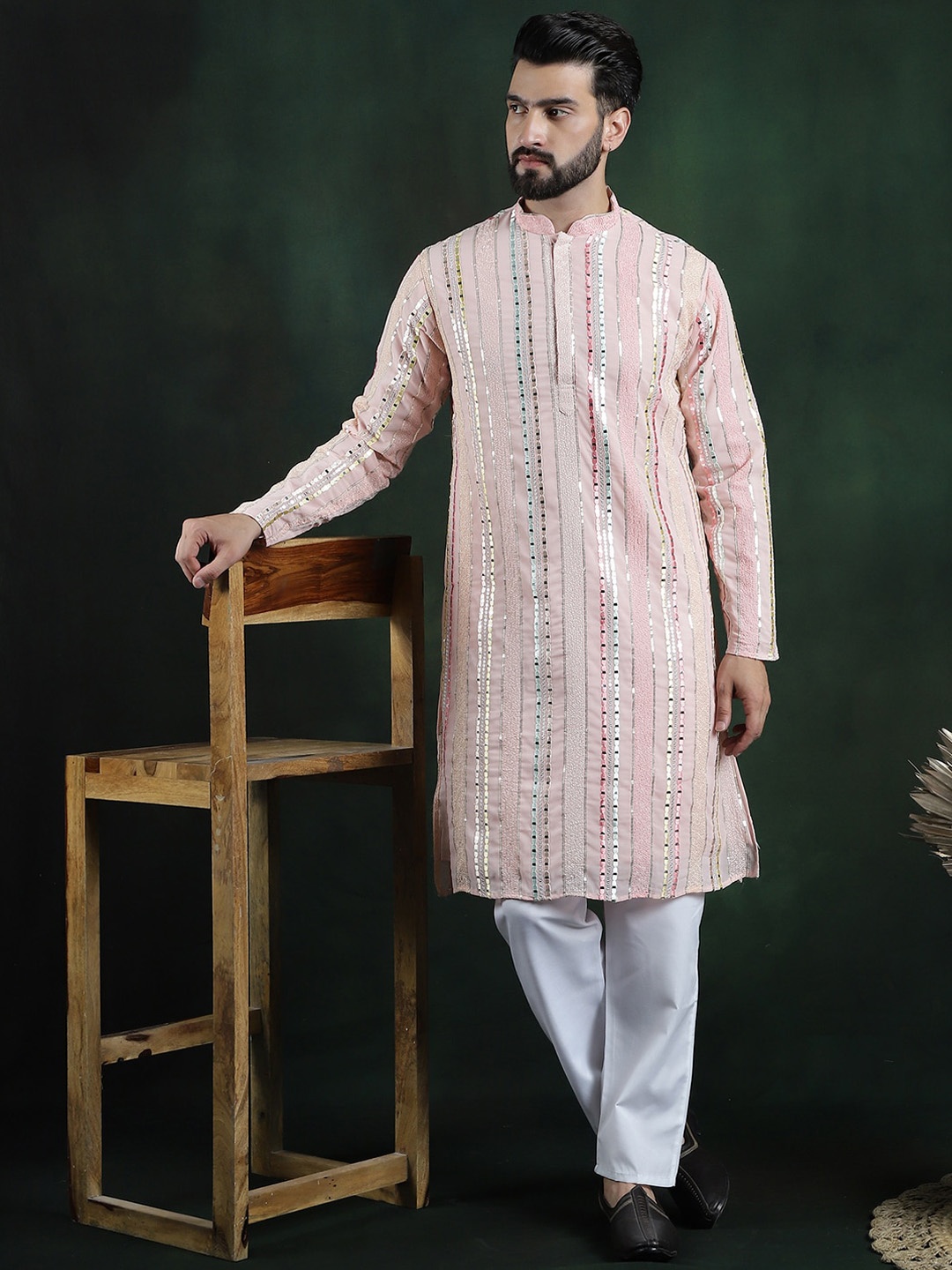 

SOJANYA LUXE Embroidered Regular Long Sleeves Mandarin Collar Kurta with Pyjamas, Pink