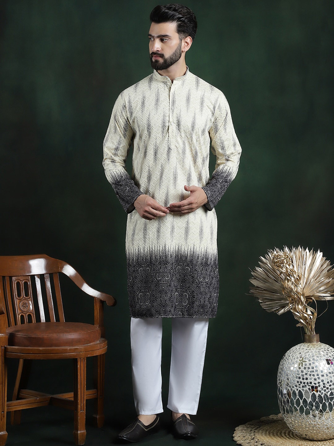 

SOJANYA LUXE Floral Embroidered Regular Pure Cotton Kurta with Pyjama, Beige