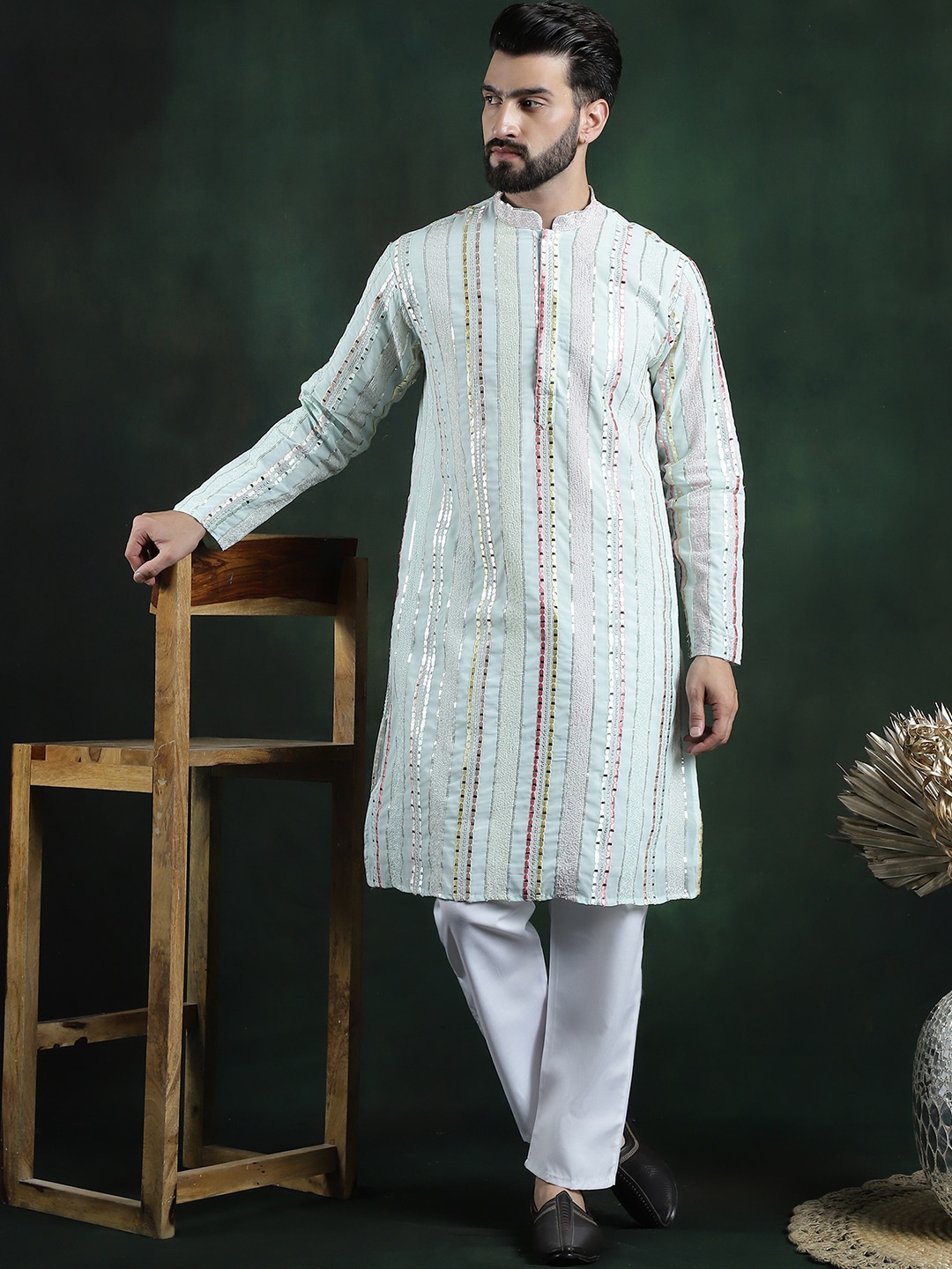 

SOJANYA LUXE Embroidered Regular Long Sleeves Mandarin Collar Kurta with Pyjamas, Sea green