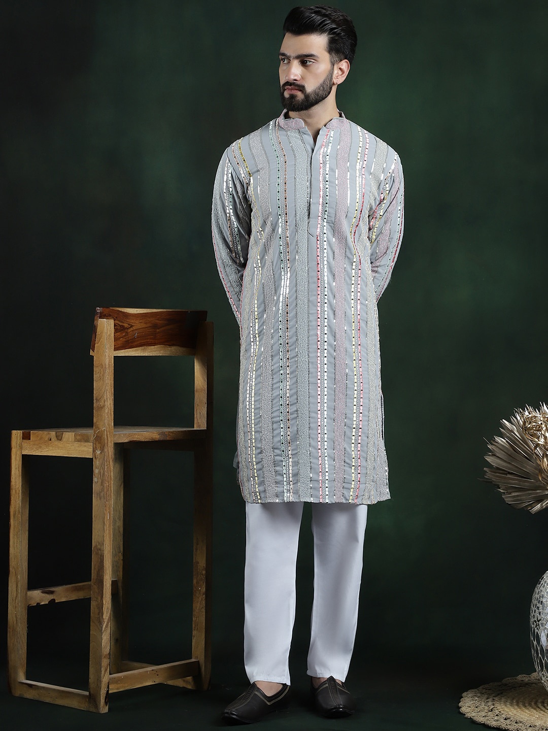 

SOJANYA LUXE Embroidered Regular Sequinned Kurta with Pyjama, Grey