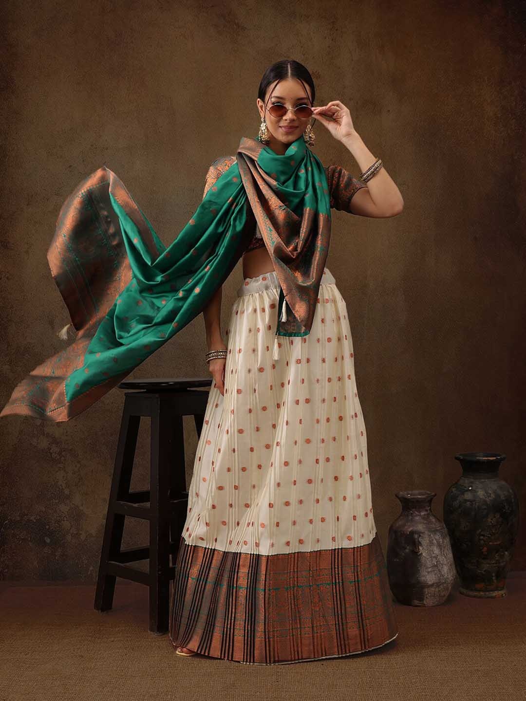 

Silk Land Woven Design Semi-Stitched Lehenga & Unstitched Blouse With Dupatta, Green