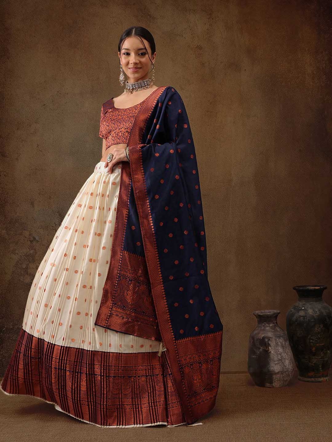 

Silk Land Woven Design Semi-Stitched Lehenga & Unstitched Blouse With Dupatta, Navy blue