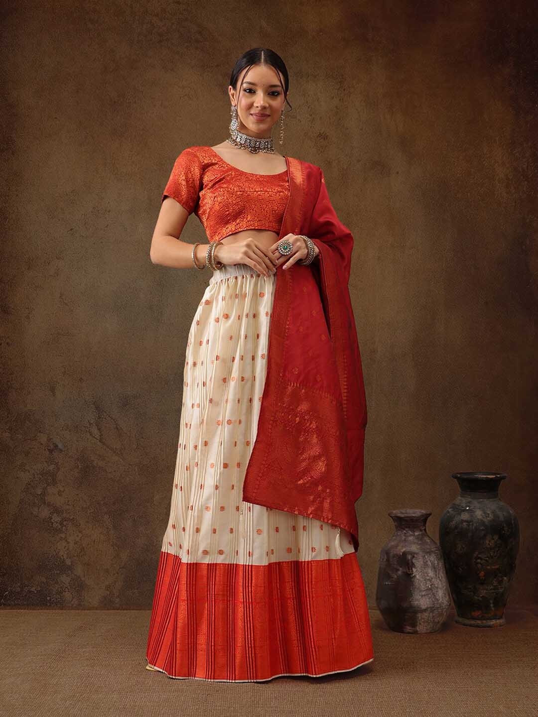 

Silk Land Woven Design Semi-Stitched Lehenga & Unstitched Blouse With Dupatta, Red