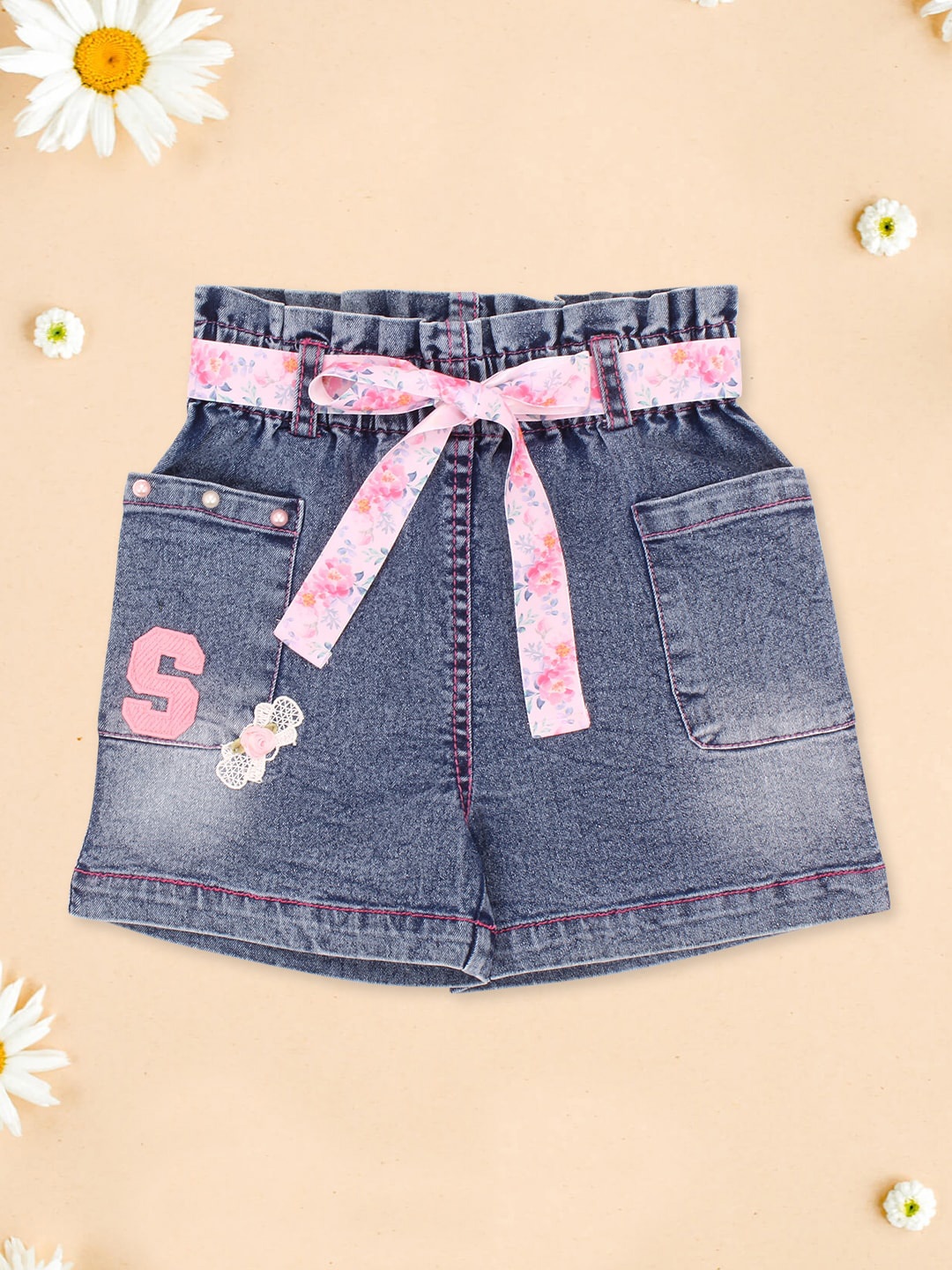 

CUTECUMBER Girls Printed Denim Shorts, Blue