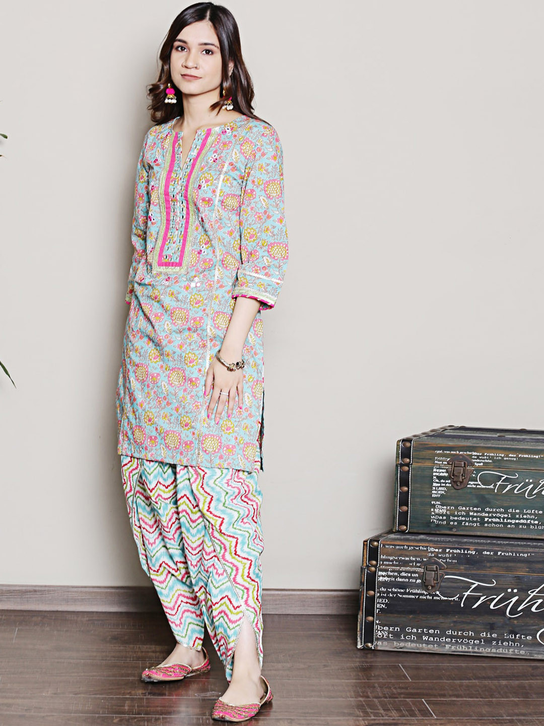 

Spring Soul Floral Printed Regular Mirror Work Pure Cotton Kurta with Dhoti Pant, Blue