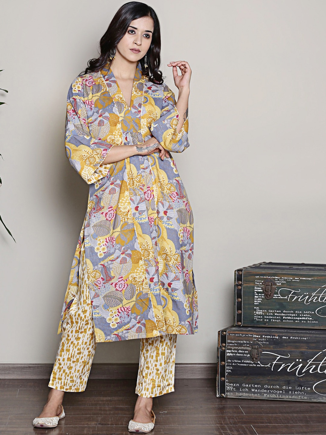 

Spring Soul Floral Printed Regular Pure Cotton Straight Kurta With Trousers, Yellow