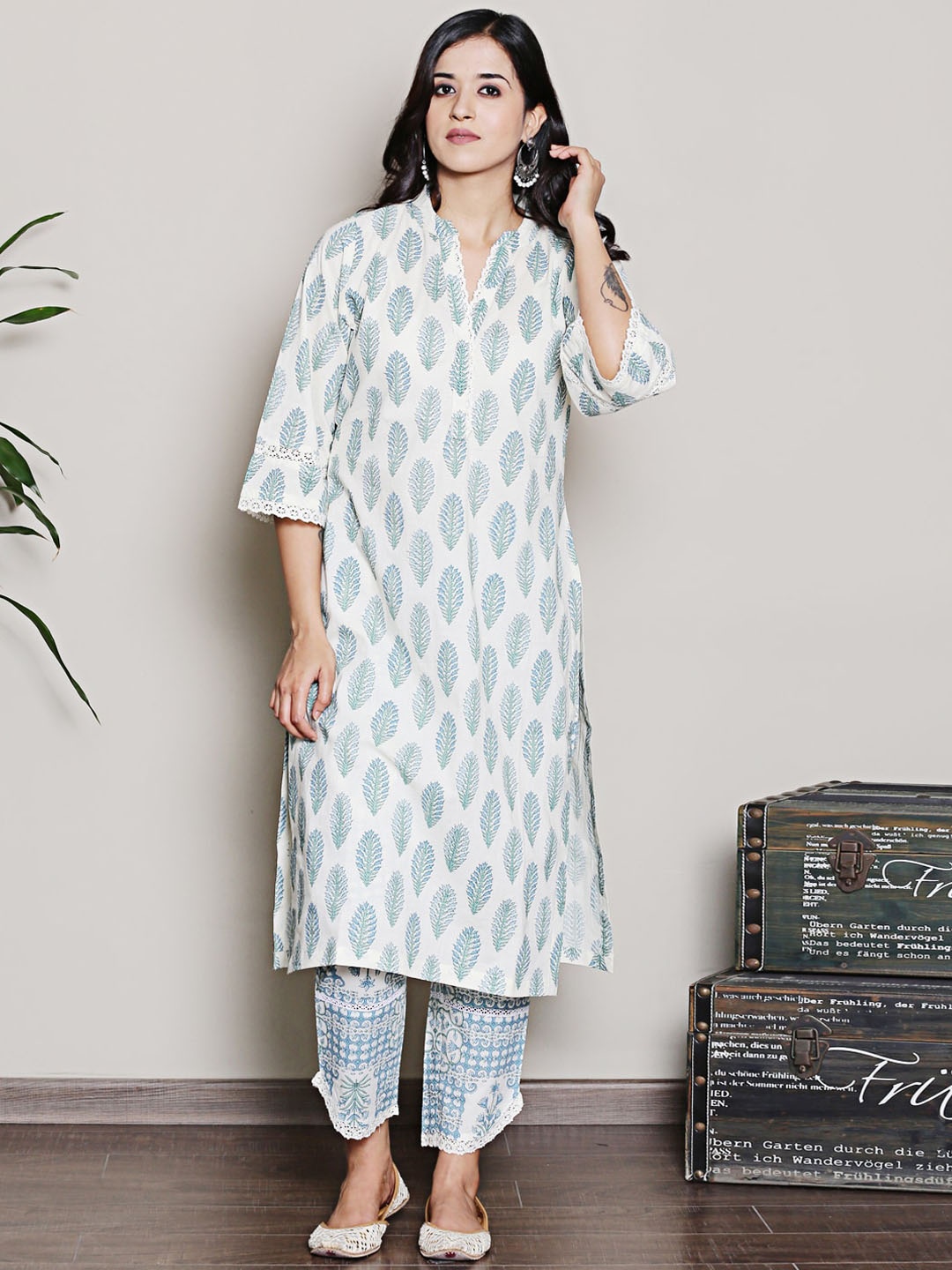 

Spring Soul Floral Printed Regular Pure Cotton Kurta with Trouser, Off white