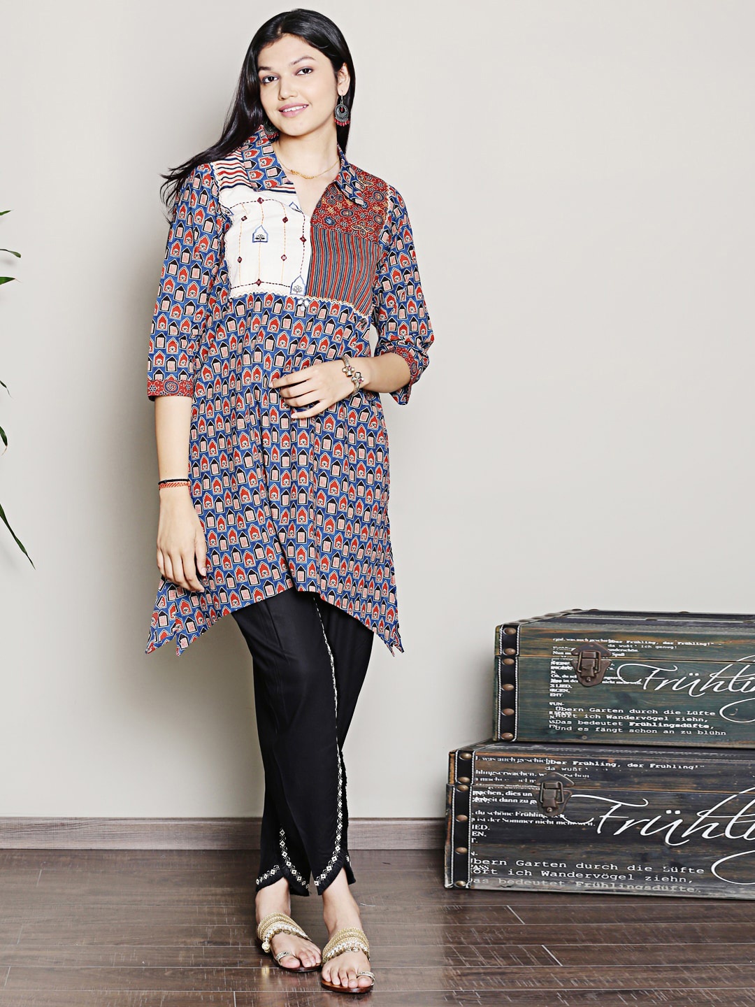 

Spring Soul Ethnic Motifs Printed Shirt Collar Pure Cotton A-Line Kurti With Dhoti Pants, Blue