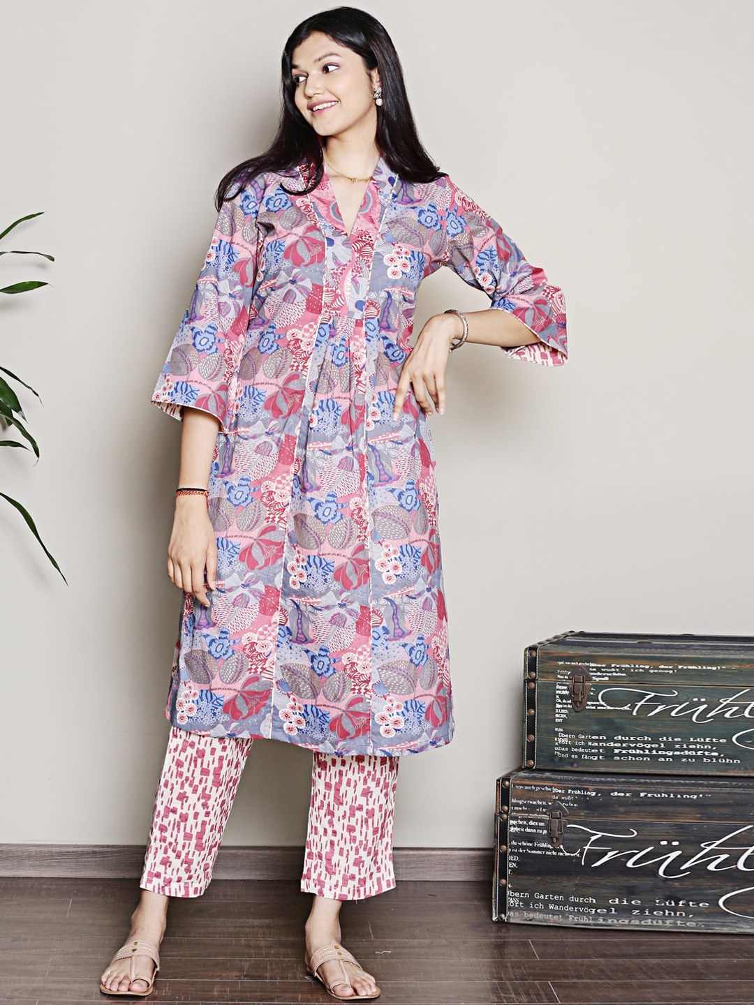 

Spring Soul Floral Printed Pure Cotton Pleated Straight Kurta With Trousers, Pink