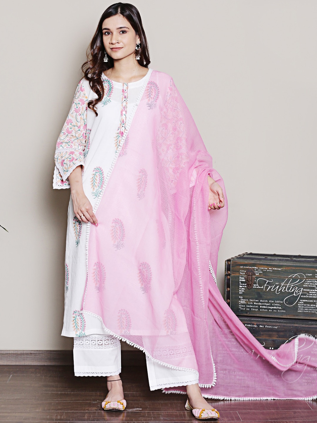 

Spring Soul Paisley Printed Regular Pure Cotton Kurta with Trousers & With Dupatta, White