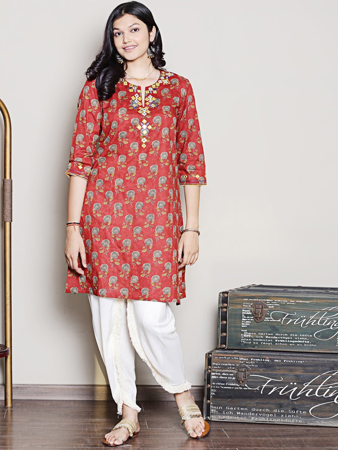 

Spring Soul Floral Printed Regular Mirror Work Pure Cotton Kurta with Dhoti Pant, Red